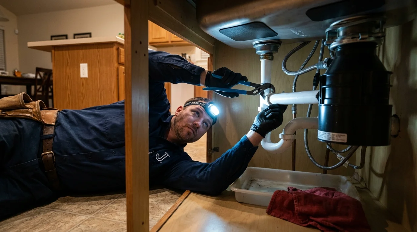 P-trap and supply line connections under a kitchen sink showing a common leak point in Marysville, WA